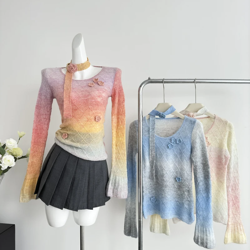 

Вязаный свитер Tie Dye, женские облегающие топы с круглым вырезом и длинным рукавом, женская уличная одежда ярких цветов, Радужный пуловер на осень, Новинка