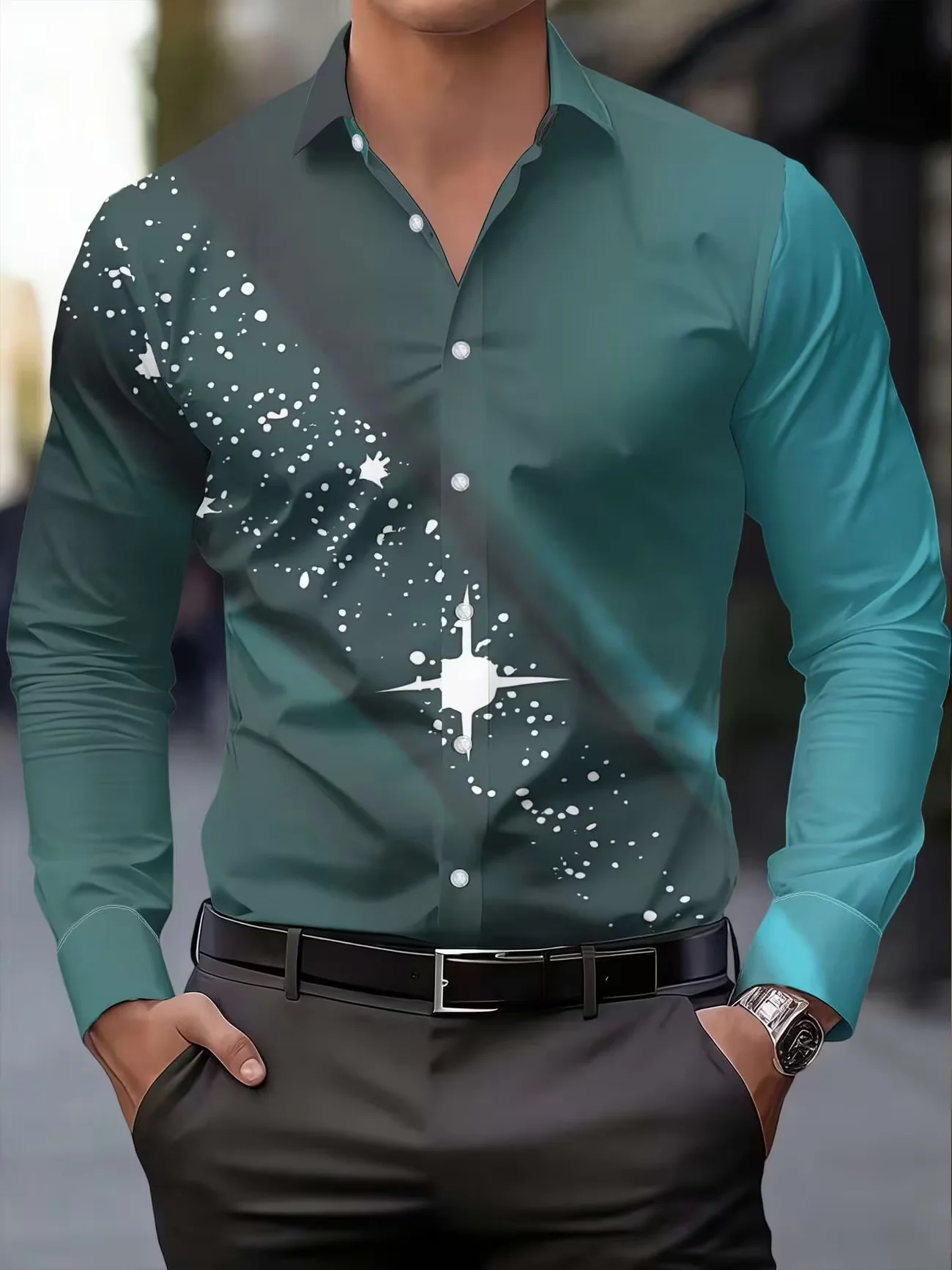 

New dark green gradient starry sky splashed ink printed men's long sleeved shirt simple casual shirt clothing