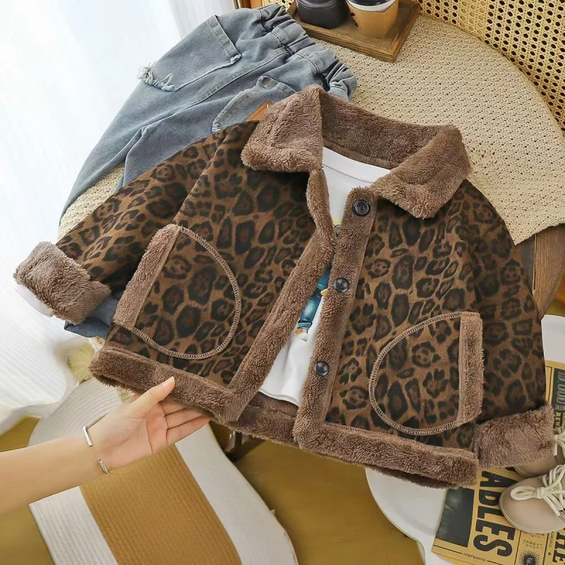 

Girls' Velvet Coat 2025 Autumn/Winter New Korean Edition Fashion Thick Leopard Pattern Lamb Wool Coat