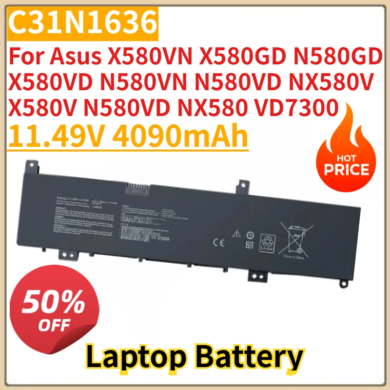 

New C31N1636 Laptop Battery 11.49V 4090mAh For Asus X580VN X580GD N580GD X580VD N580VN N580VD NX580V X580V N580VD NX580 VD7300