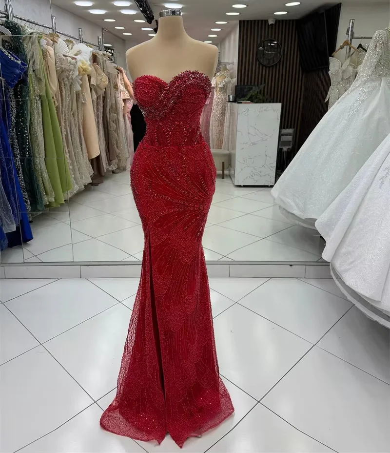 Burgundy Long Middle Eastern Evening Dresses Luxury Beaded Saudi Arabia Dubai Robe De Soiree Prom Dress Gown Customized