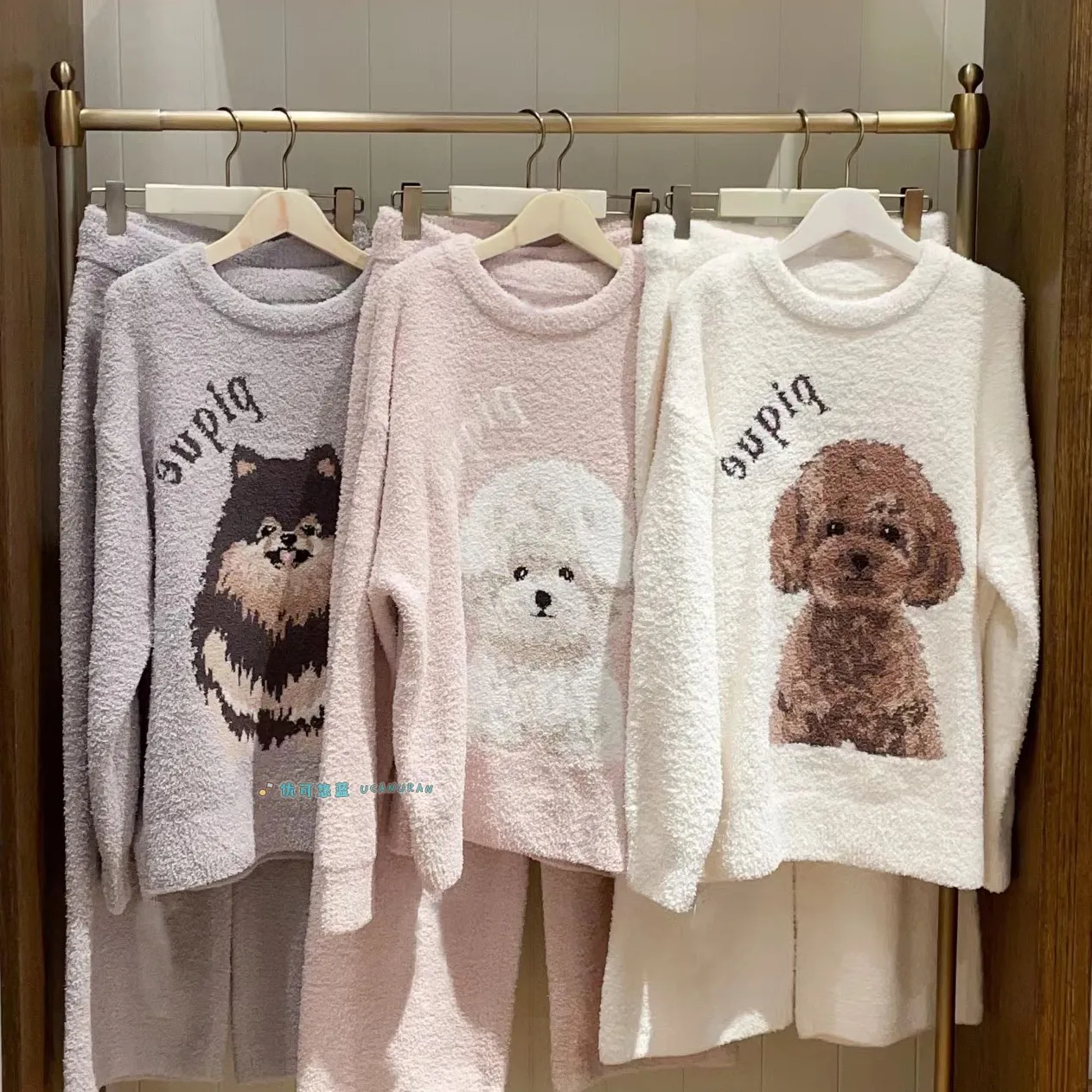 Cartoon Print Pajama 2 Piece Sets GP Soft Cute Dog Round Neck Long Sleeve Warm Loose Loungewear for Women 2025 New Fashion