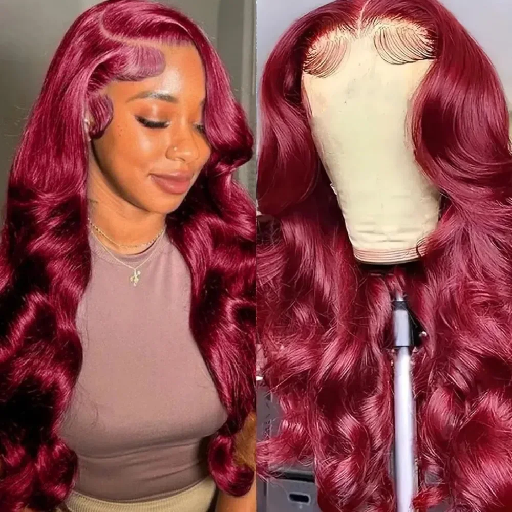 

Burgundy 99J Body Wave 13x4 13x6 HD Transparent Lace Frontal Wig 200% Density Red Color 18-46 inch 100% Human Hair For Women