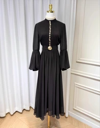 Black Chiffion Lantern Sleeve Single-breasted Dress Women Elegant Vintage Stand Neck Clothing Lady Streetwear Party Vestidos