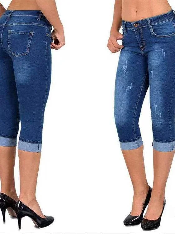Eenvoudige stretch strakke denim capribroek Casual fit jeans Zeven voet lengte elastische bandage Sle voor dames in zomerseizoen
