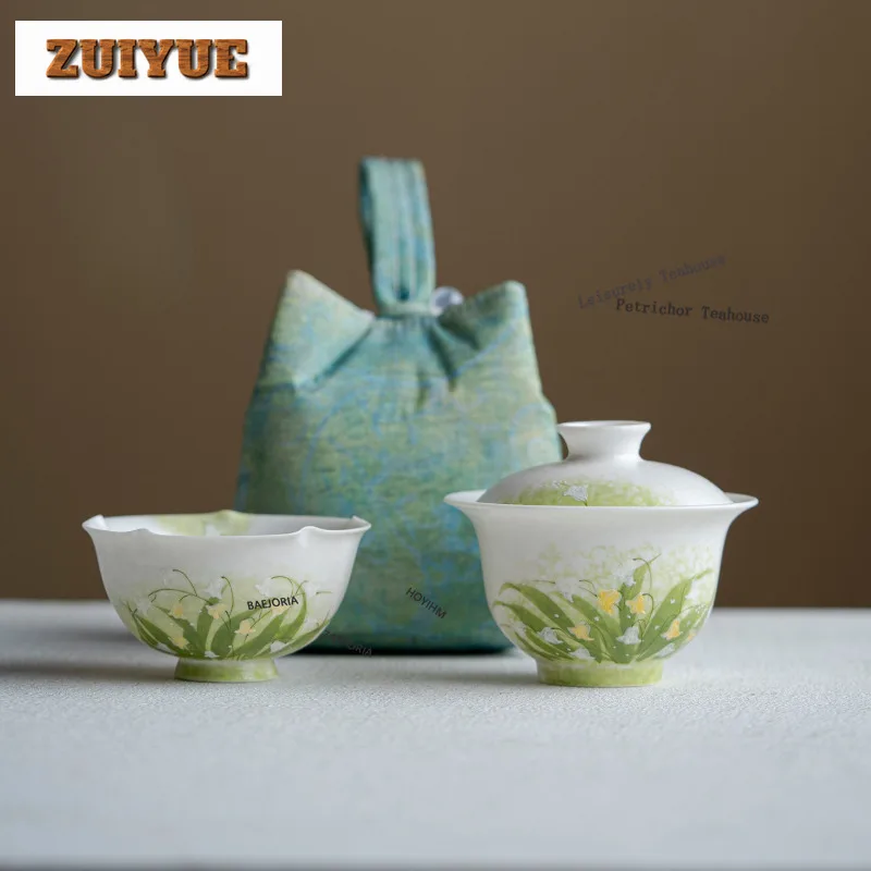 HOYIHM Hand-painted Lily Of The Valley Glass Travel Tea Set Kit Chic 1 Pot 3 Cups Tea Brewing Organizer Portable Picnic Tote Bag