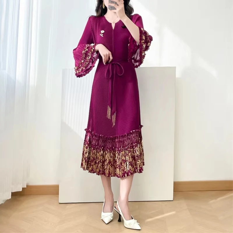 ANLAN New Miyaki High Elastic Gold Foil Printing Women's Pleated Dress Three Quarter Flared Sleeve V-Neck Pullover Tie Clothing