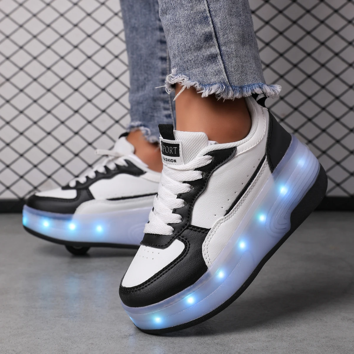 LED rechargeable flashing roller skates for boys and girls with detachable wheels, stylish skateboard shoes, durable and breathable