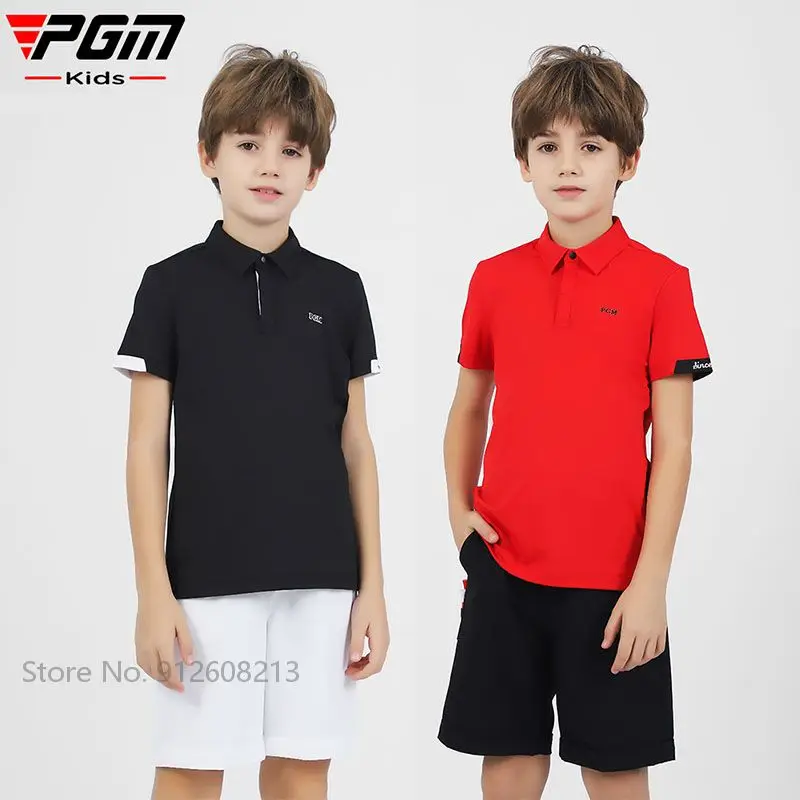 

PGM Summer Kids Short-sleeved Golf T-shirts Boys Summer Quick-dry Golf Apparel Children Turn-down Collar Shirt Anti-sweat Tops