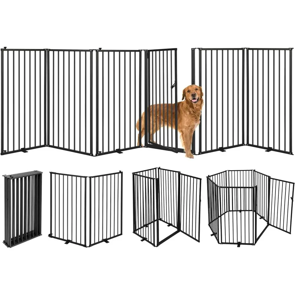 6 Panels Metal reestanding Dog Gates with Door,120''W Detachable oldable Dog ence Indoor Outdoor Puppy Gate, 32''H ree Standing