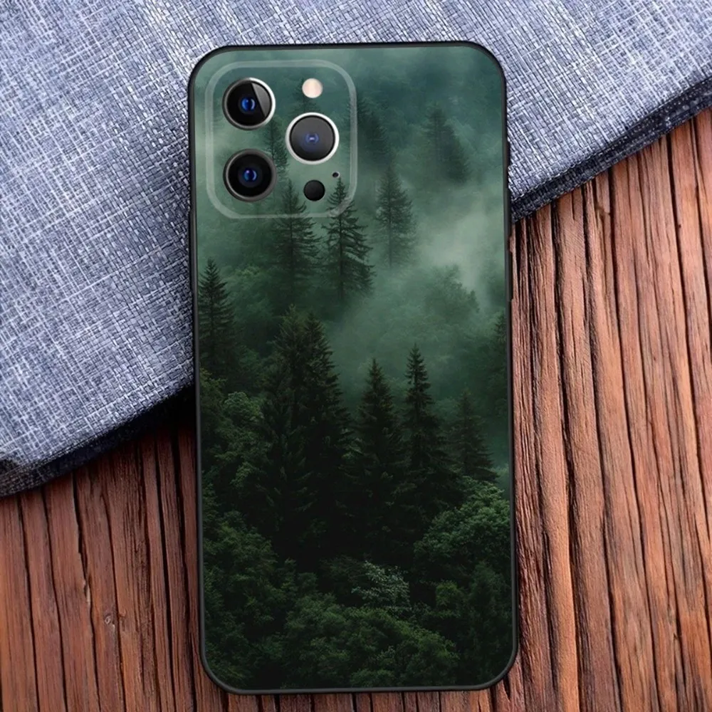 Mountain Forest Phone Case For iPhone 16,15,14,13,12,11,Pro,X,XS,Max,XR,Plus,Mini Black Soft Silicone Case