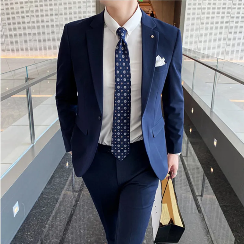 Suit Coat + Pants 2 Pcs Set Fashion New Men\'s High Quality Low Price Business Wedding Groom Pure Color Blazers Trousers 4XL 5XL