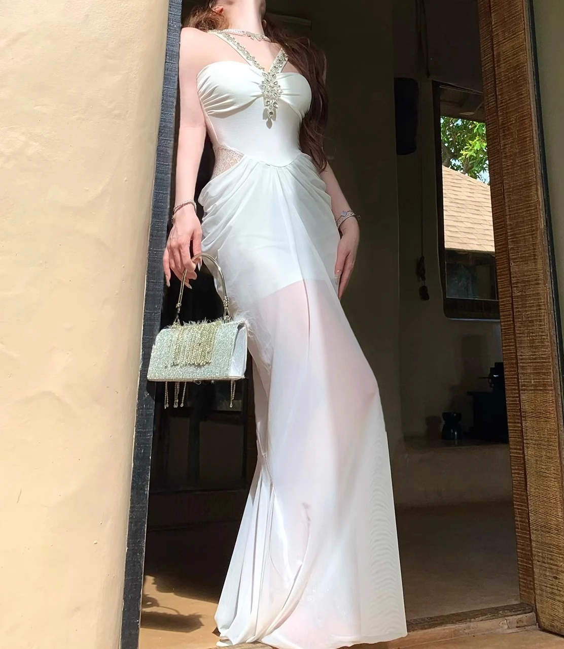 Branco halter sem mangas vestido feminino elegante bainha streetwear verão férias festa vestidos bodycon chique roupas senhora