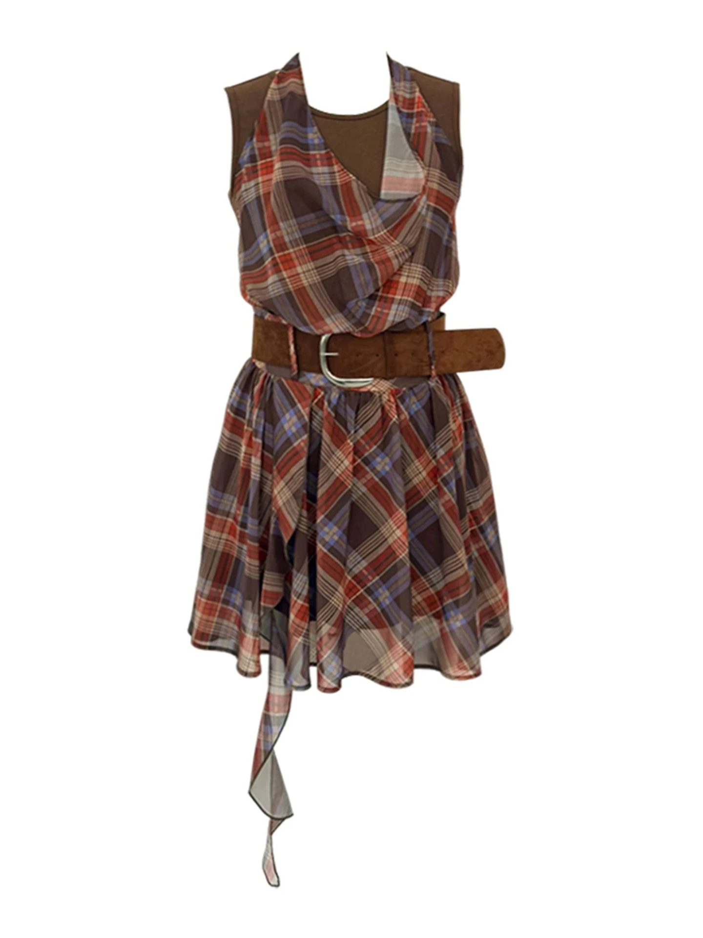 Khaki Plaid Svel Vest Dr Women's Summer New Sle High Waist A-Line Skirt Set Soft Comfortable Polyester Fiber