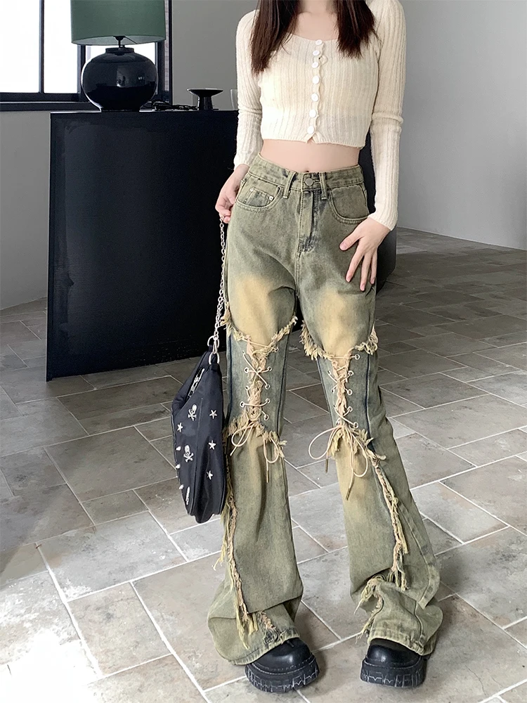 Women Gyaru Japanese Harajuku Y2K Streetwear Low Rise Flare Lace Up Denim Pants Jeans 2000s Vintage Bell-Bottom Trousers Goth