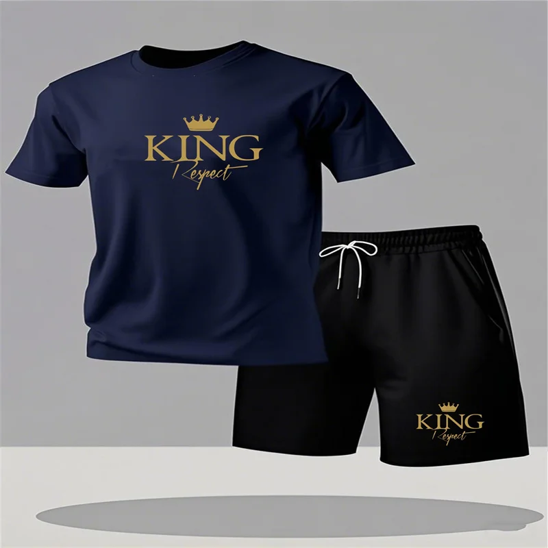 

Men's summer comfortable and breathable round neck T-shirt and shorts fashionable outdoor casual short sleeved top set 2-piece