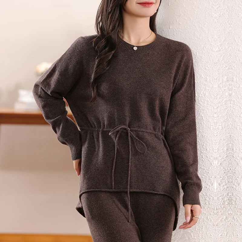 Autumn And Winter 100% Pure Wool Sweater Round Neck Drawstring Knit Bottoming Shirt Women's Loose Slim Long-Sleeved Top