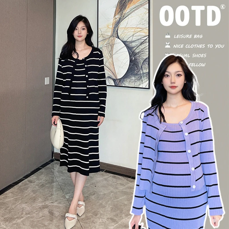 Maternity Striped Dresses Set High Elasticity Slimming Knit Strap Dress+Coat Autumn Soft Comfortable  Pregnant Women's Clothing