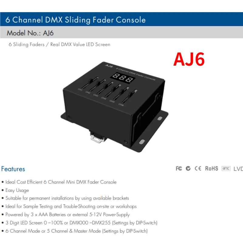 New 5V -12VDC 6 Channel DMX Sliding Fader Console Master AJ6 6CH 3 x AAA Battery DMX512 Controller Wiring Dip-Switch For Lights