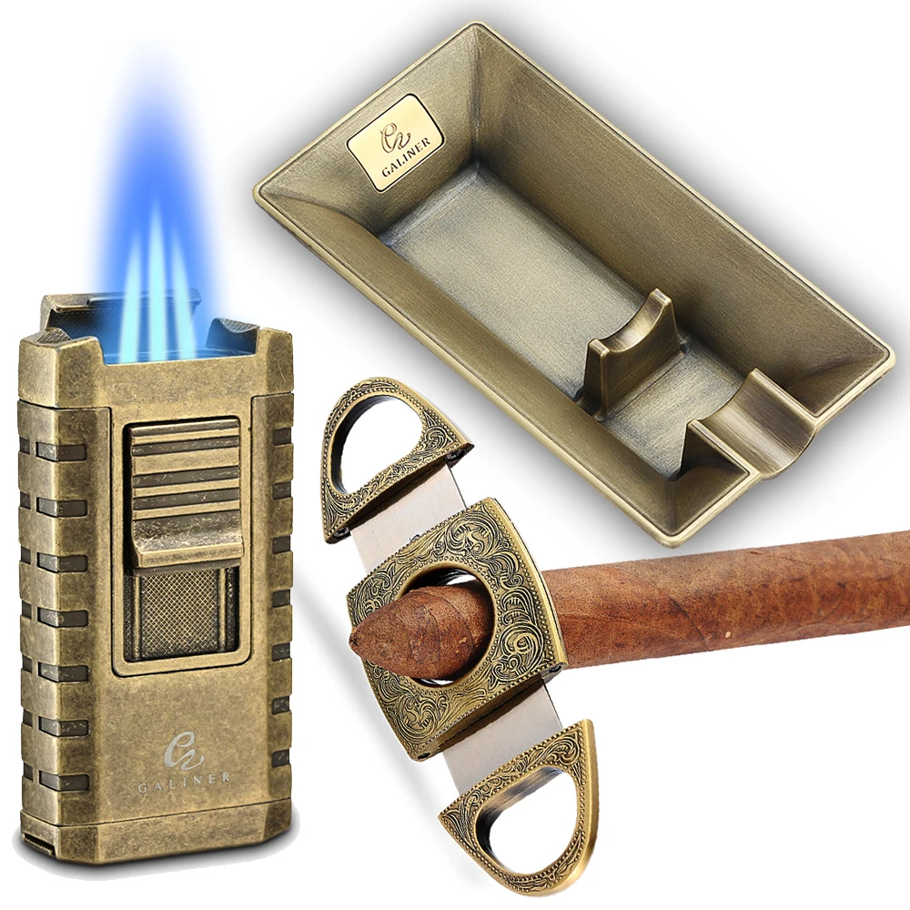 

Galiner 3 Flame Cigar Lighter Gas Torch Butane Jet Lighters Metal Cigar Cutter Guillotine Luxury Cigar Accessories W/ow Ashtray