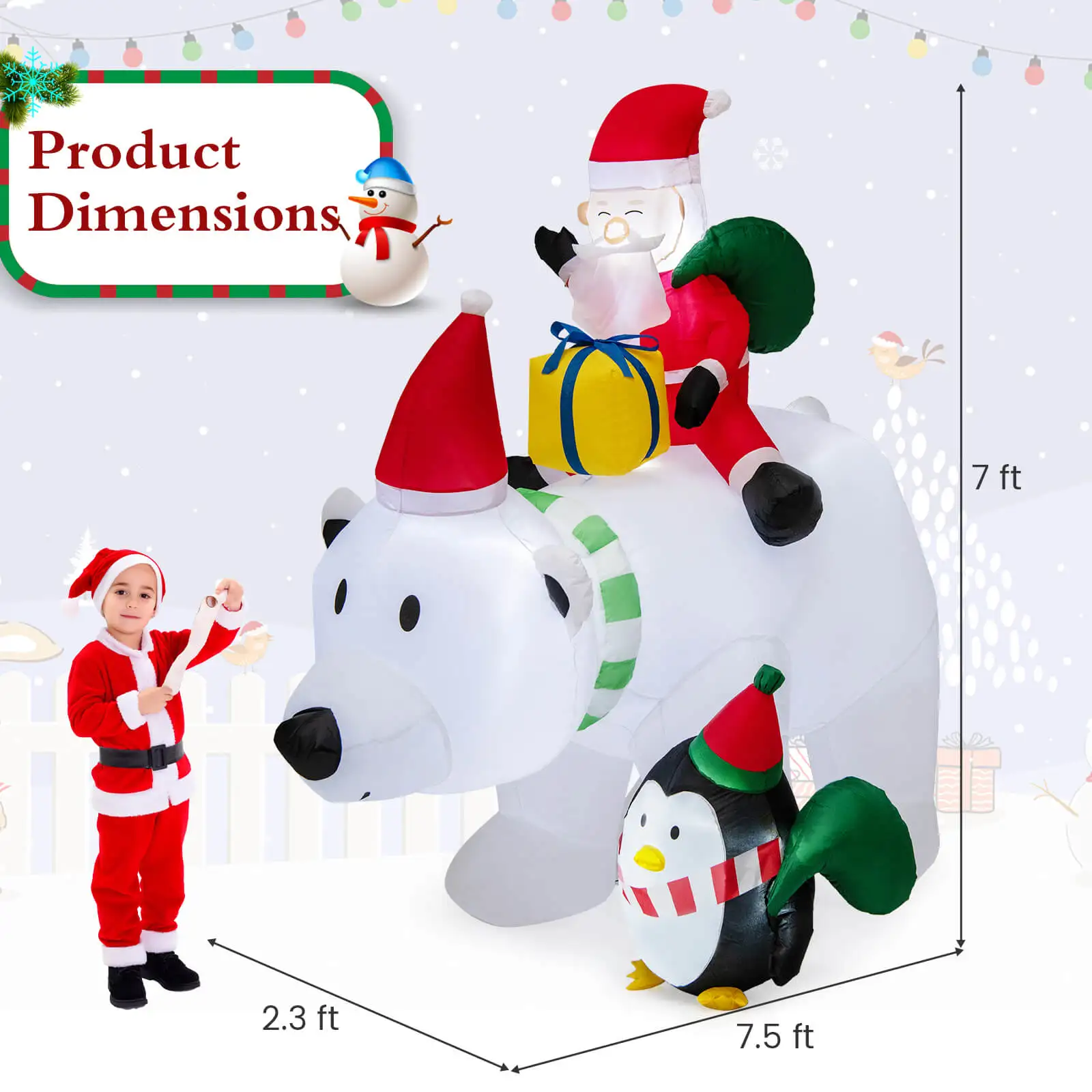 7 FT Tall Inflatable Polar Bear with Penguin Gift Bags & Gift Box Shaking Head