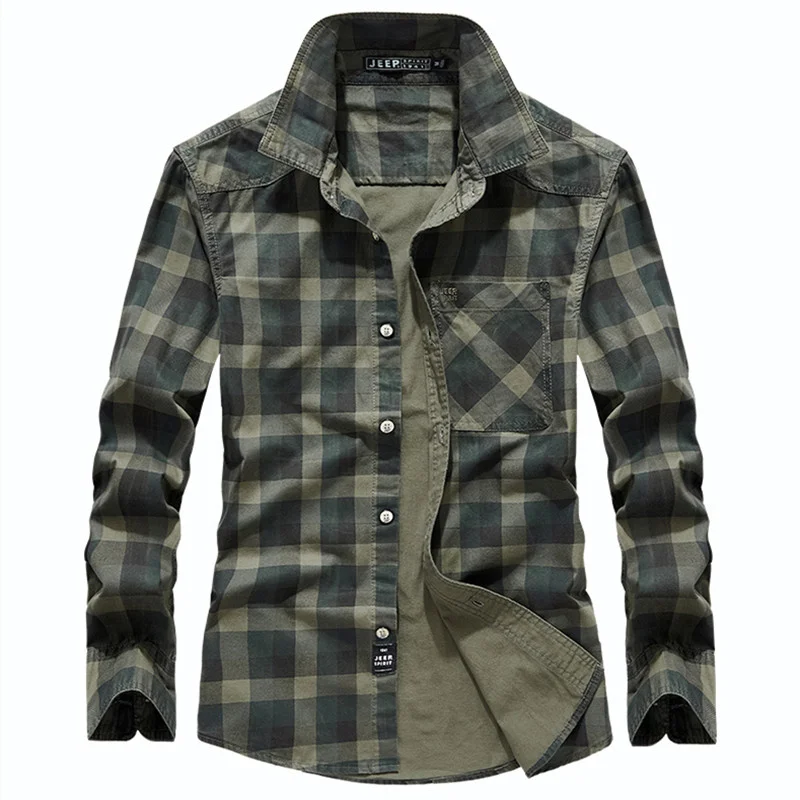 Autumn Military Casual Men Shirt 2023 New 100% Cotton for Male Long Sleeve Plaid s Army Green Khaki Clothing