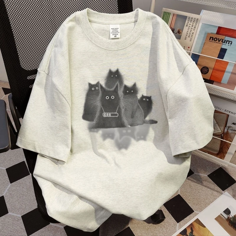 เสื้อคอตตอนพิมพ์ลายแมว2024สำหรับผู้หญิงใส่ฤดูร้อน Y2K ลำลองแขนสั้นทรงหลวมเสื้อยืดคอกลมสูงสไตล์ฮาราจูกุน่ารักไซส์ใหญ่พิเศษ