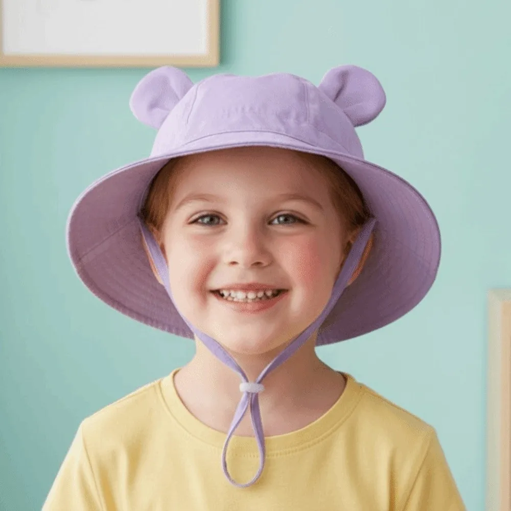 

Breathable Children Fisherman Hat Solid Color Windproof Rope Sunshade Bucket Cap Cartoon Bear Comfortable Folding Baby Sun Hat