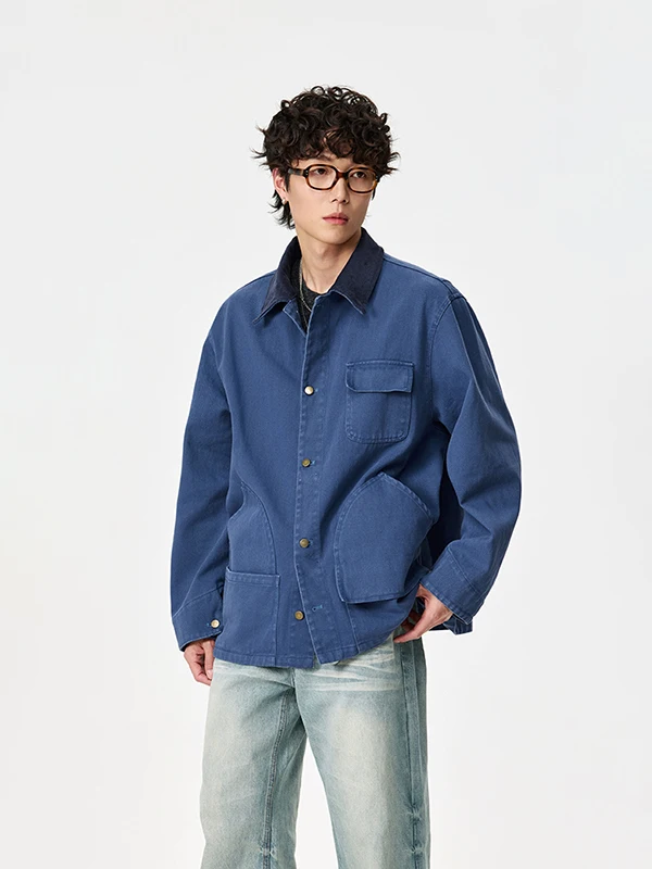 

Мужская свободная джинсовая куртка TANGZ STUDIO с множеством карманов, винтажная, с длинными рукавами, синяя, повседневная, модная, верхняя одежда