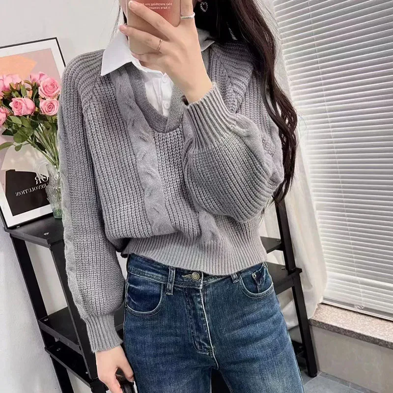 Moda finta due pezzi pullover lavorati a maglia donna patchwork coreano couverture colletto maglione femminile autunno inverno twist maglioni in maglia