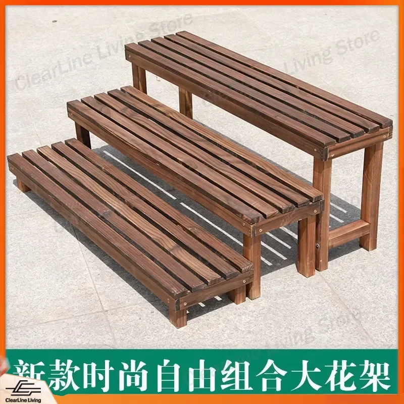 Solid Wood Carbonized Flower Stand Multi Layer Shelf for Balcony Indoor Outdoor Floor to Ceiling Plant Pot Display Rack
