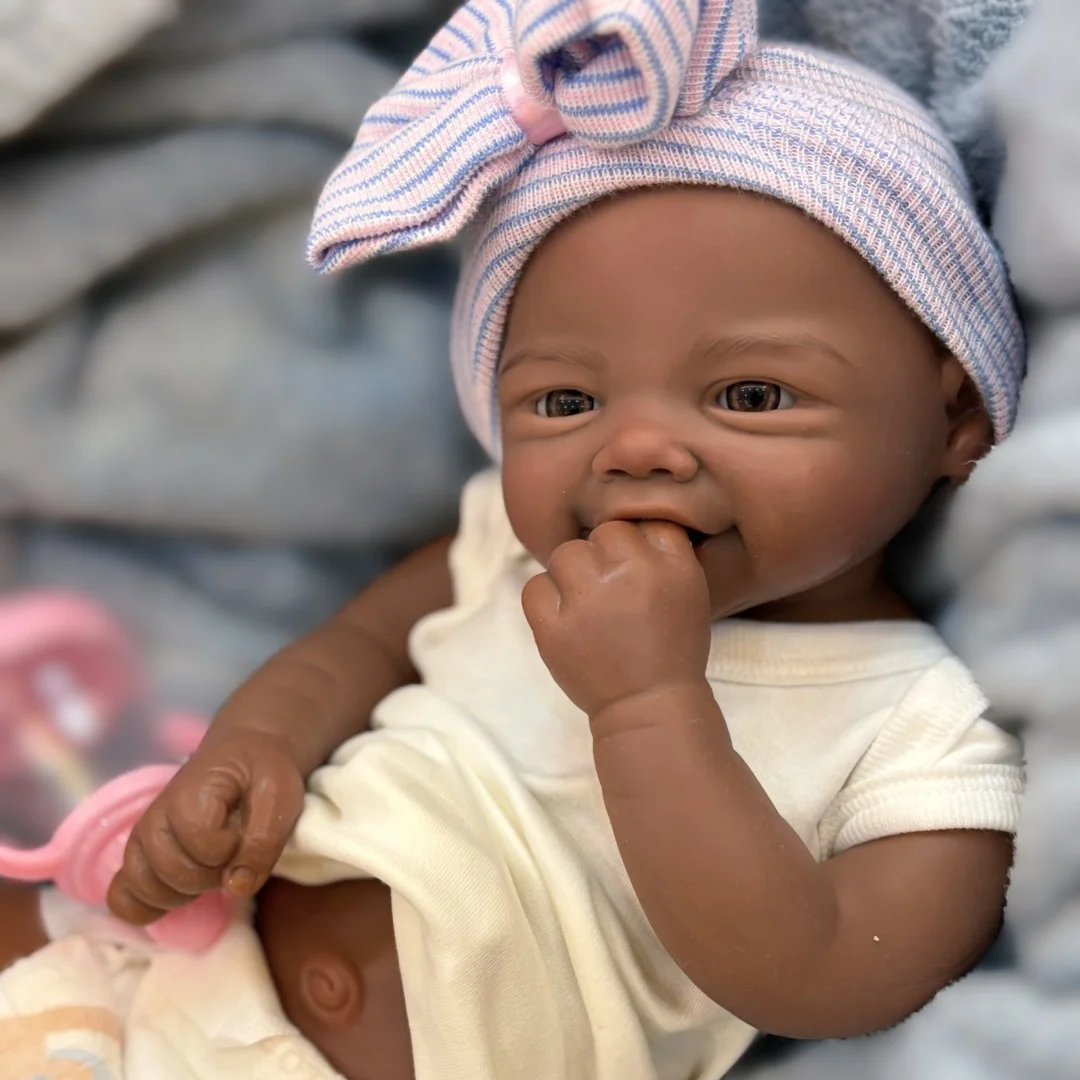 18Inch Dark Skin Vivienne Full Body Silicone Bebe Reborn Girl Doll Can Open Mouth & Washable Silicone Doll Lifelike Newborn Doll