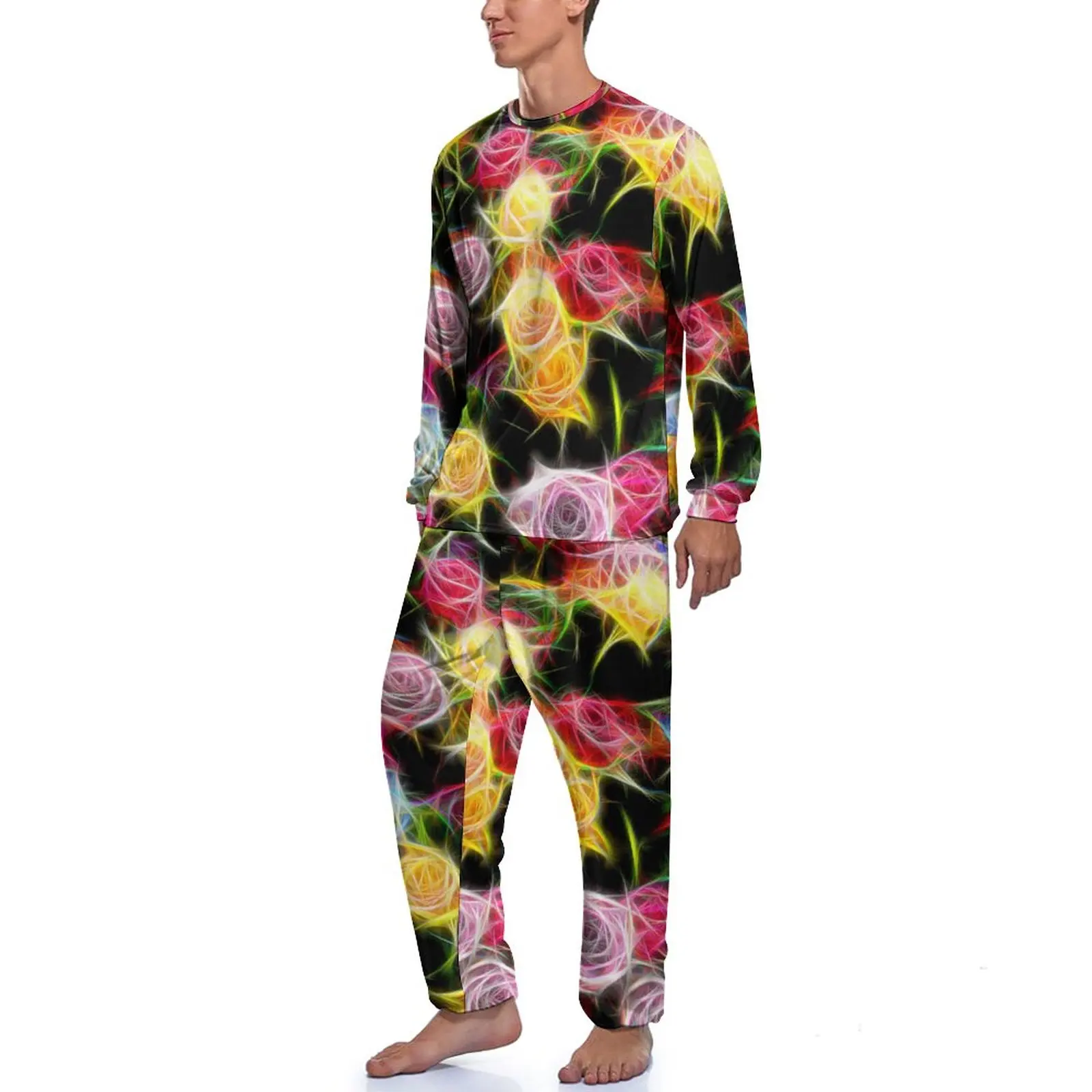 Abstract Flower Pajamas Rose of Feeling Men Long Sleeve Romantic Pajamas Set 2 Piece Casual Autumn Print Nightwear Birthday Gift