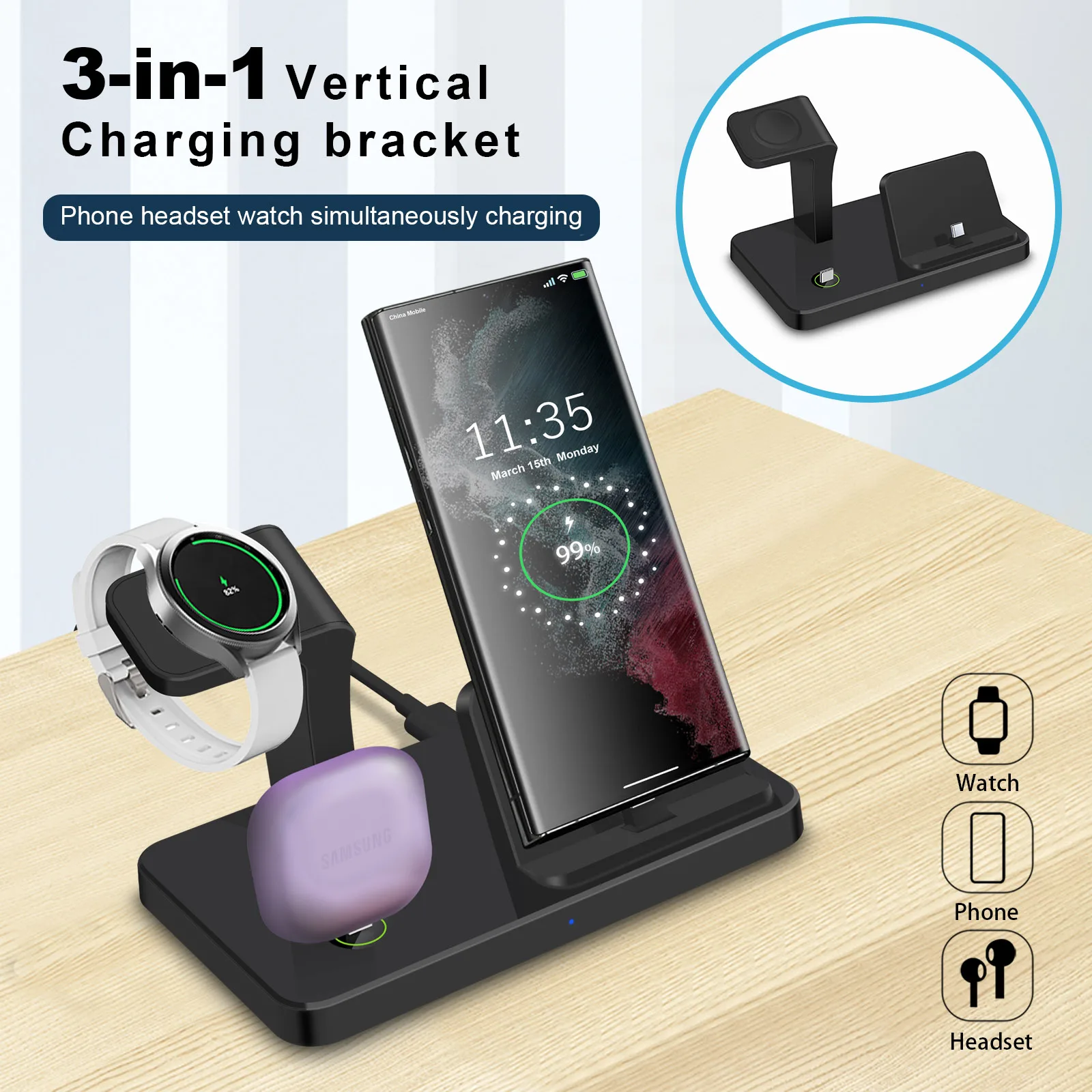 3 in 1 Wireless Charger For Samsung Galaxy Watch 6 5 Pro Fast Charging Station For Samsung S24 S23 S22 Chargers Stand