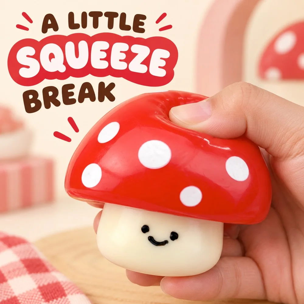 Mushroom Squishy Squeeze Toy Red White TPR with Cute Smiling Face Soft Desk Fidget Companion Gift for Teens Adults Single Piece