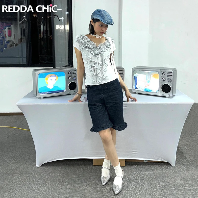 

REDDACHiC Ruffle Splice Knee Long Denim Shorts Women Vintage Wash Frilly Solid High Rise Wide Leg Baggy Jorts Grayu Y2k Clothes