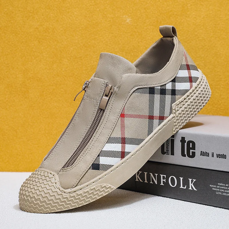 

2025 Comfortable Flat Shoes for Men Fashion Designer Breathable Canvas Shoes Outdoor Mens Slip-on Zipper Casual Vulcanized Shoes
