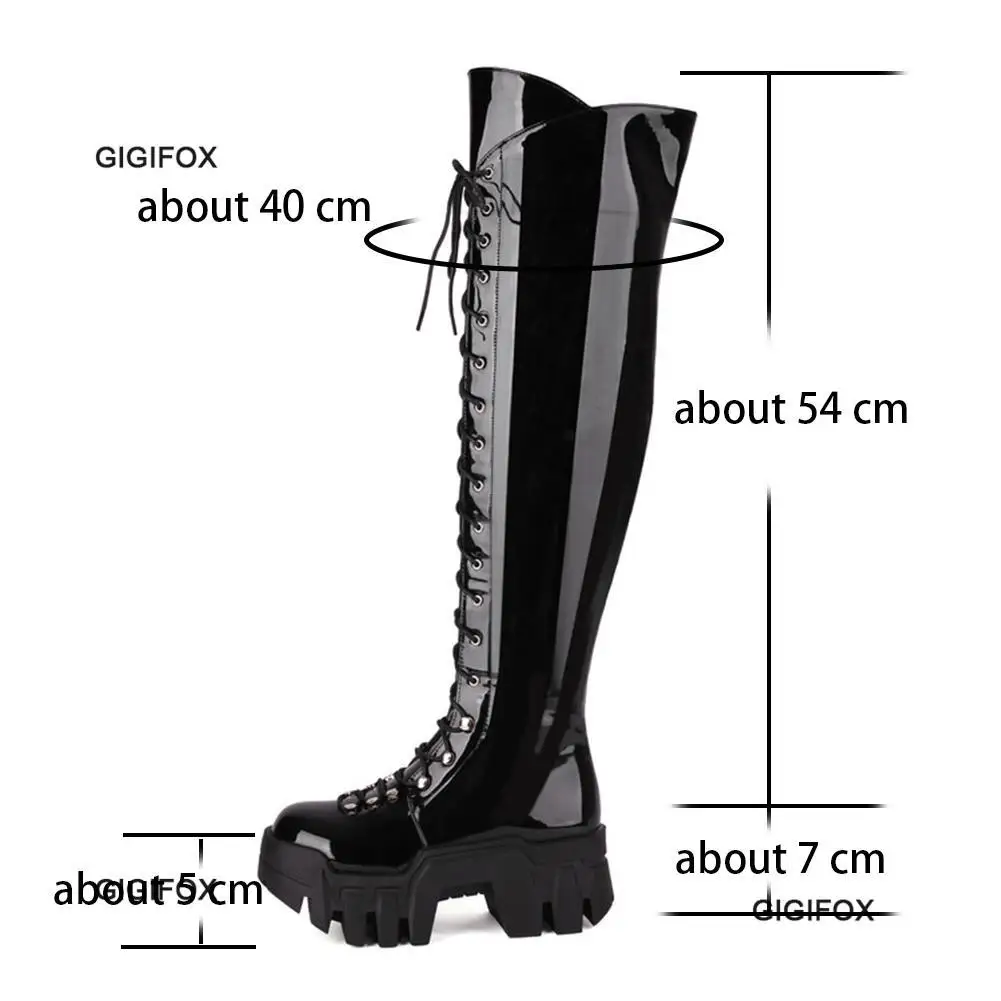 GIGIFOX Platform Over The Knee Boots For Women Wedge Heel Fashion Motorcycle Punk Lace Up Winter Boots Chunky New Rock Shoes