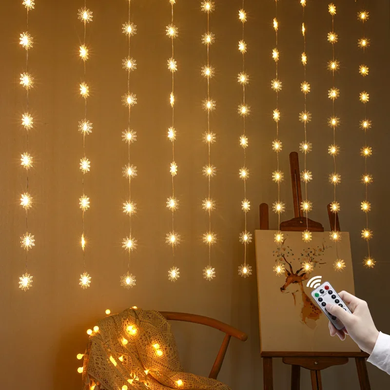 3M Snowflake Star Christmas LED Curtain Light String USB Remote Control Window Garland Lamp Christmas Home Decoration Navidad