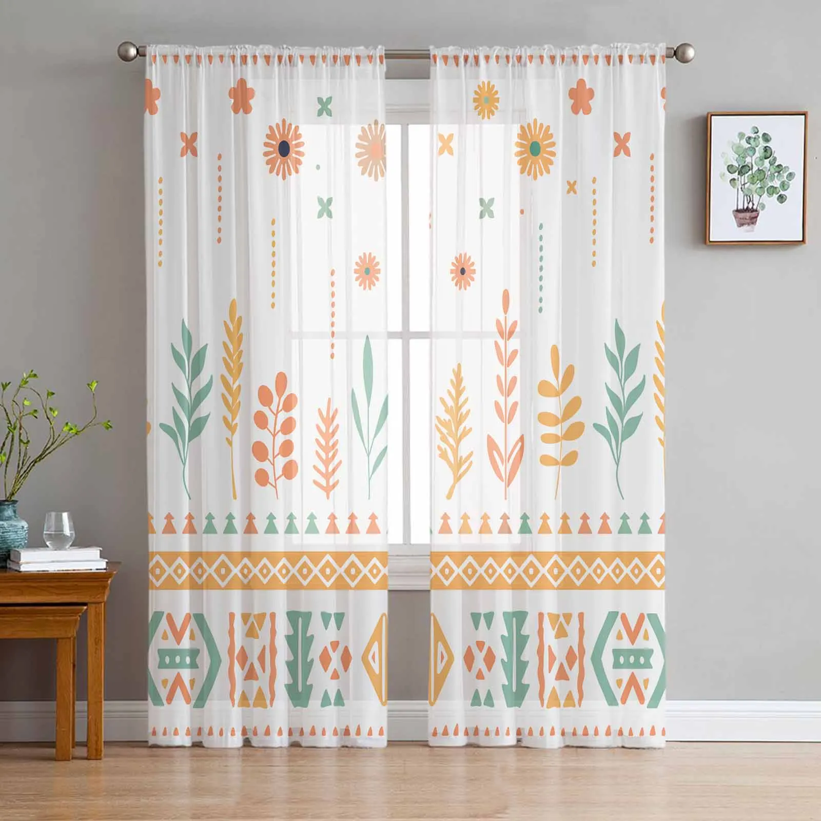 Aztec Navajo Flower Grass Tribe Sheer Curtains for Kids Bedroom Living Room Voile Window Curtains Tulle Drapes