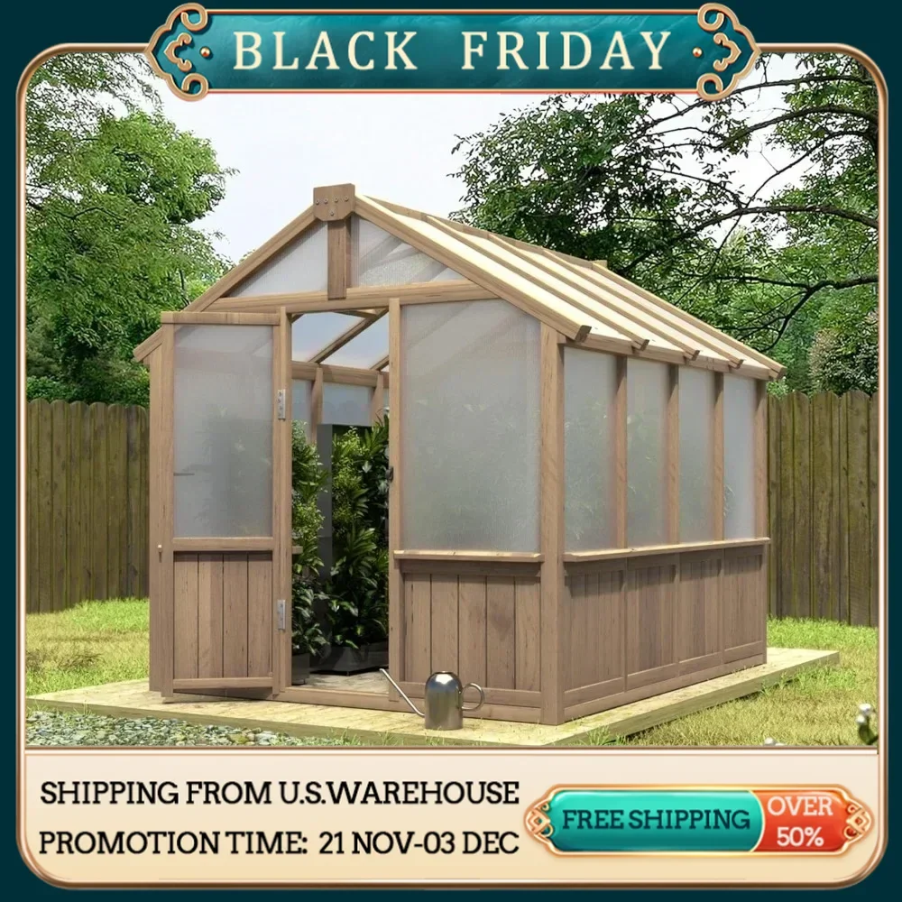 6 x 8 Ft Wooden Polycarbonate Greenhouse with Ventilated Window and Lockable Door, Walk-in Greenhouse for Backyard, Brown