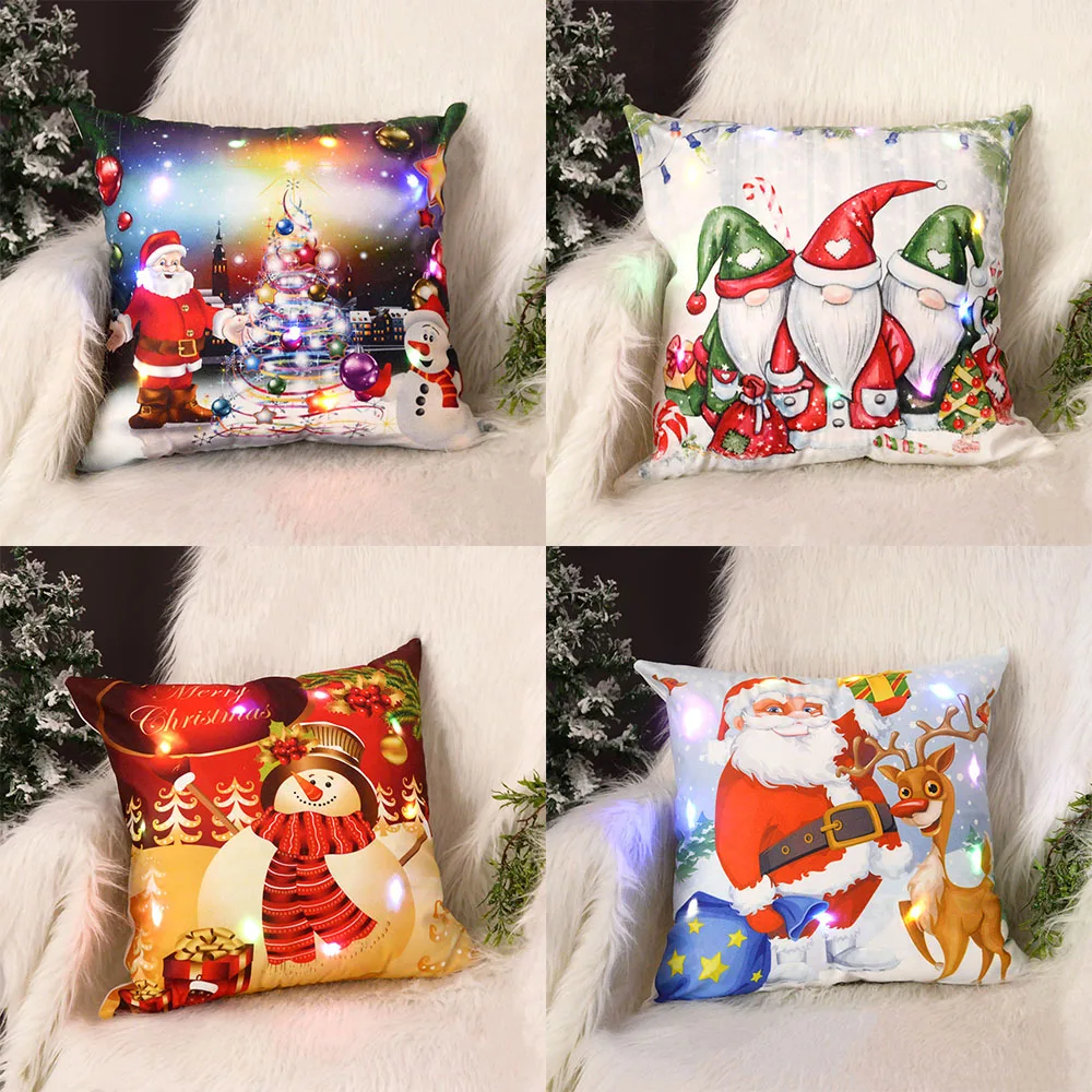 Fundas de almohada navideñas de dibujos animados, almohadas navideñas LED de 18x18 pulgadas con luces, decoración navideña para el hogar, decoración