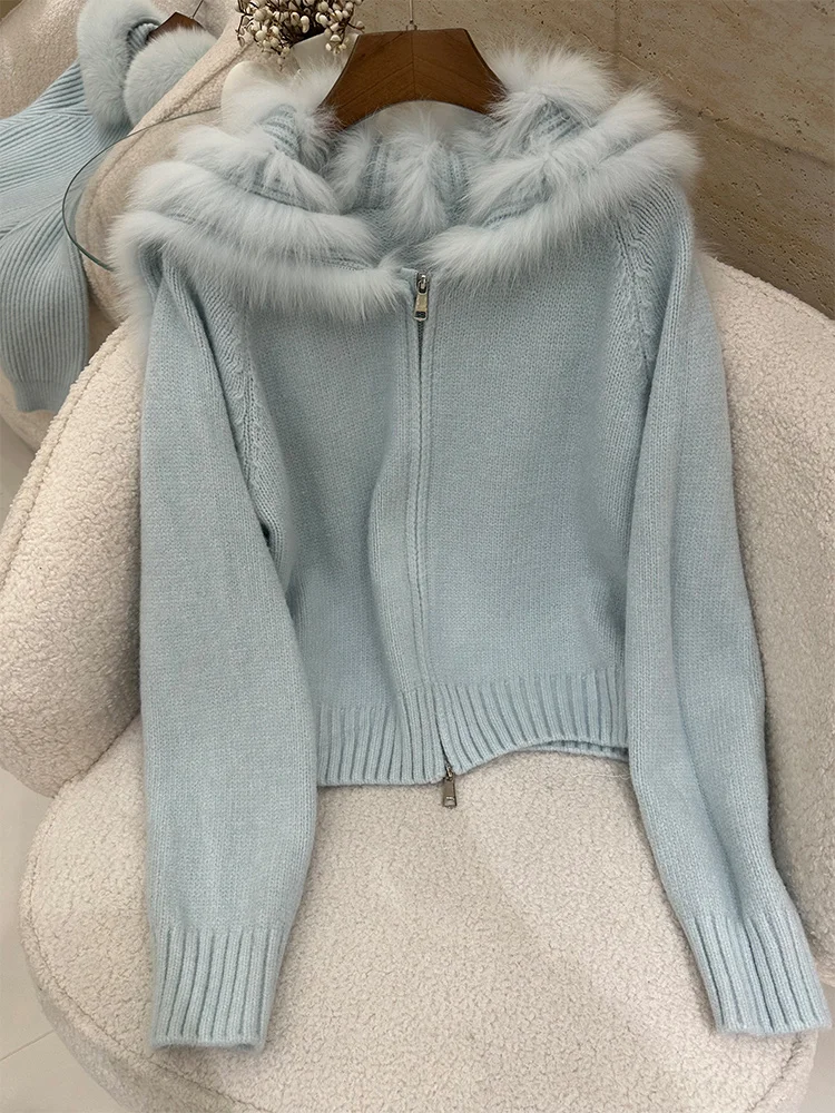 

2025 женская осенняя куртка-кардиган из натурального лисьего меха с матросским воротником, пальто, женский пушистый свитер, роскошное пальто