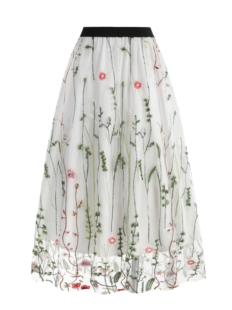 Tonval Floral Embroidered Mesh Overlay Lined Long Skirt Elastic Waist Women Elegant Festival Outfit Summer Vintage Skirts