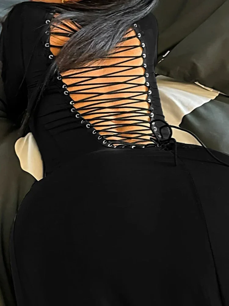 فستان نسائي مثير برباط مفرغ باللون الأسود Y2K فستان ربيع 2025 بأكمام طويلة للحفلات والنوادي فساتين ضيقة صغيرة