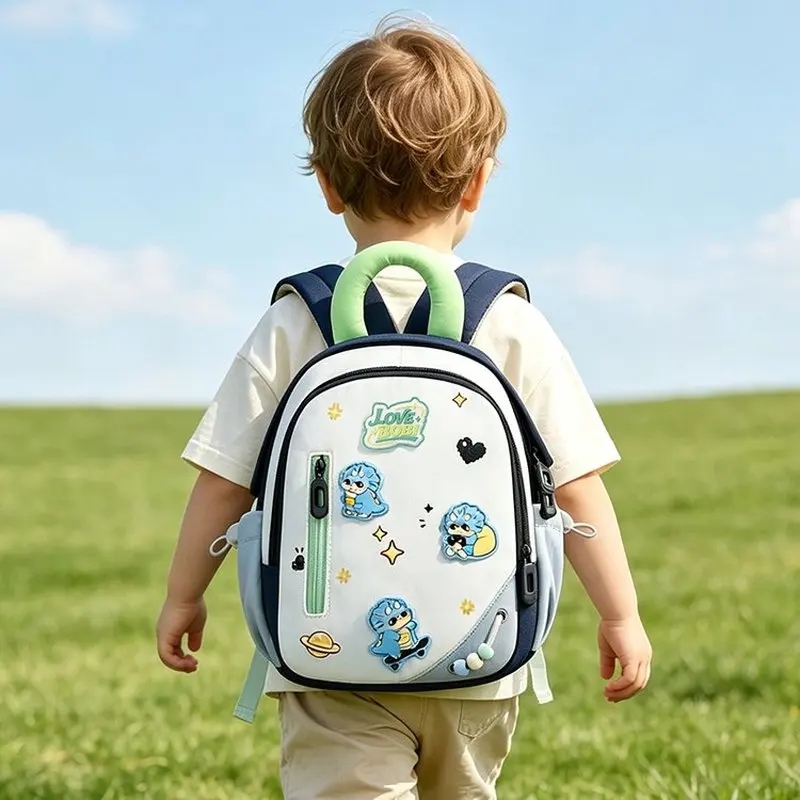 Cute Dinosaur Kids Backpack With 3D Patches Padded Handle Toddler Preschool School Bag Travel Daypack For Boys Girls