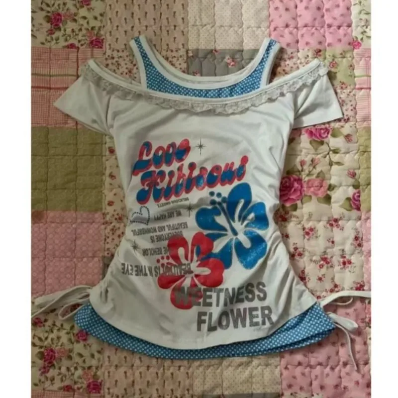 American 2000s T-shirt Fake Two Piece Women Off-Shoulder Slim Flower Letter Print Vintage Casual Sweet Subculture 2026 Summer