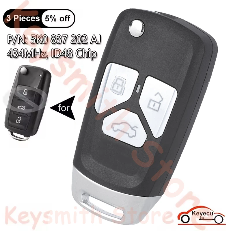 

KEYECU 3 кнопки 434 МГц ID48 чип для Volkswagen VW Caddy Polo Transporter Beetle автоматический обновленный откидной пульт дистанционного управления 5K0837202AJ