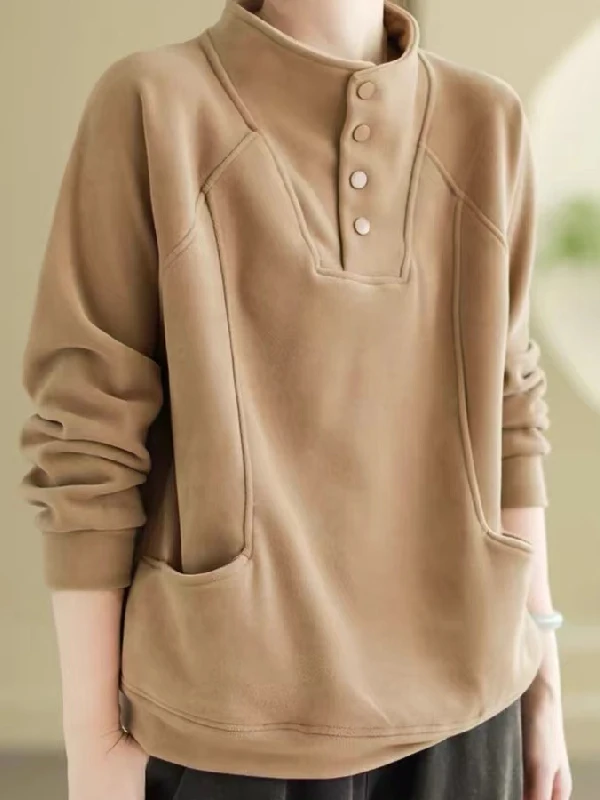 Thickened Velvet Sweatshirt Women's Loose Korean Style Half High Collar Button Warm Top Fashionable Splicing Design All-Match