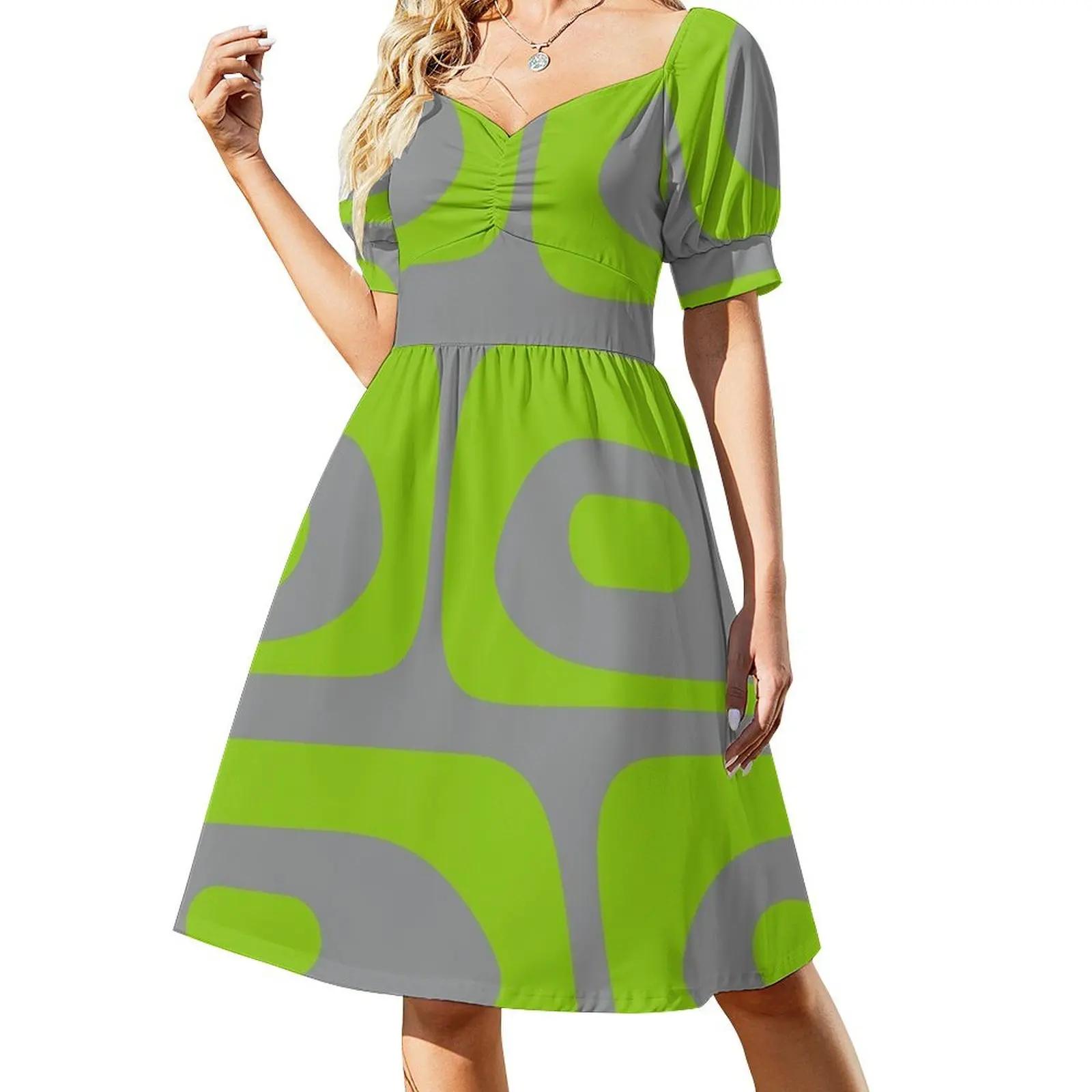 

Mid Century Modern Piquet Abstract Pattern in Lime Green and Grey Short-Sleeved Dress summer dress korean women Women's skirt